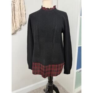 LOFT Women's Ruffle Christmas Tartan Plaid Collar Black Cable Knit Sweater Small